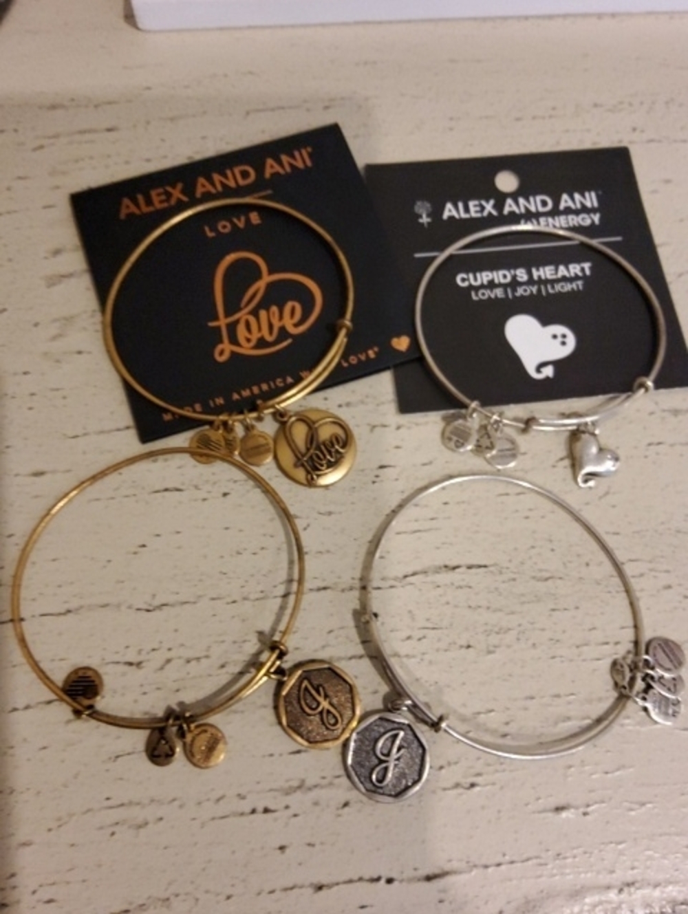 Alex and Ani Bundle of 4 Bangles - INITIAL "J" & HEARTS - 2 Silver & 2 Gold Tone